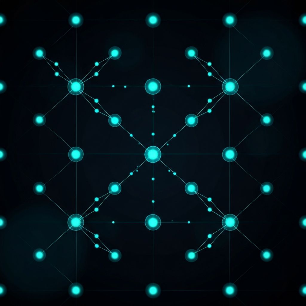 Abstract molecular bonds and atomic structures arranged in a precise grid.
