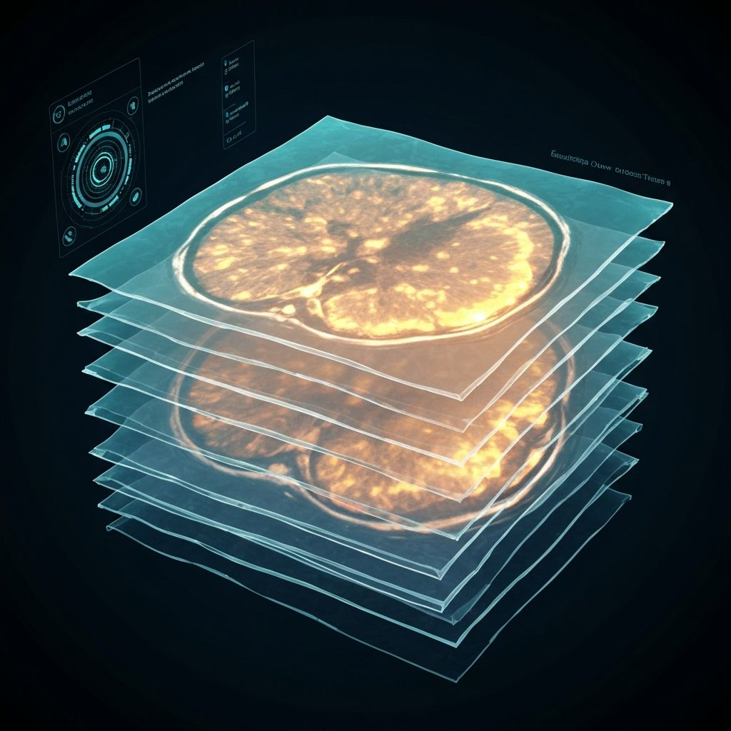 Stacked translucent medical scan slices with glowing tumor heatmap regions.